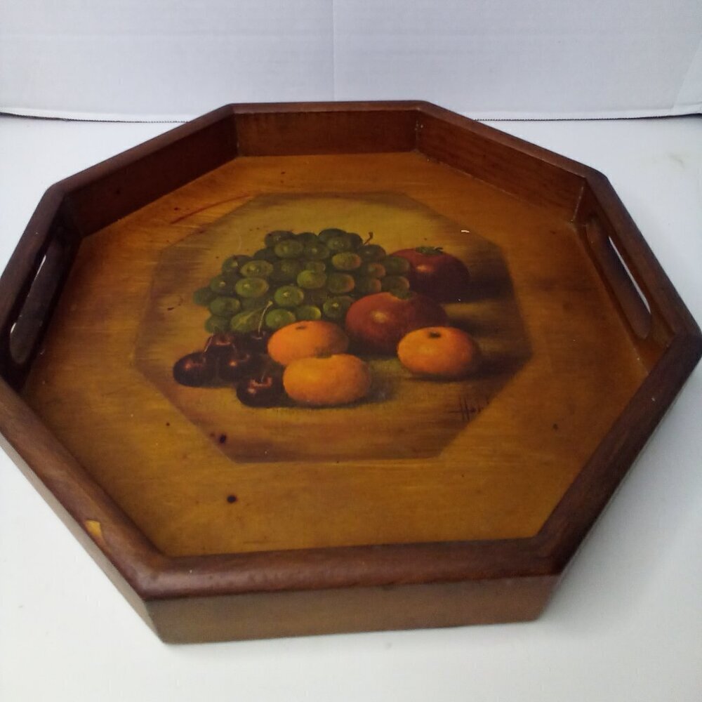Vintage Octagon Wood Serving Tray Fruit  13" Felt Back Handles Cottagecore Flaw